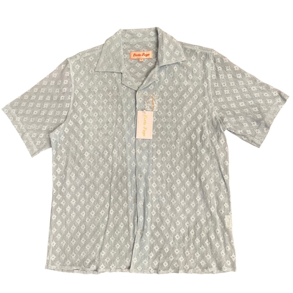 Perte d'ego Men's Crochet Button Down Shirt Medium Blue Short Sleeve Camp Collar - Picture 3 of 7